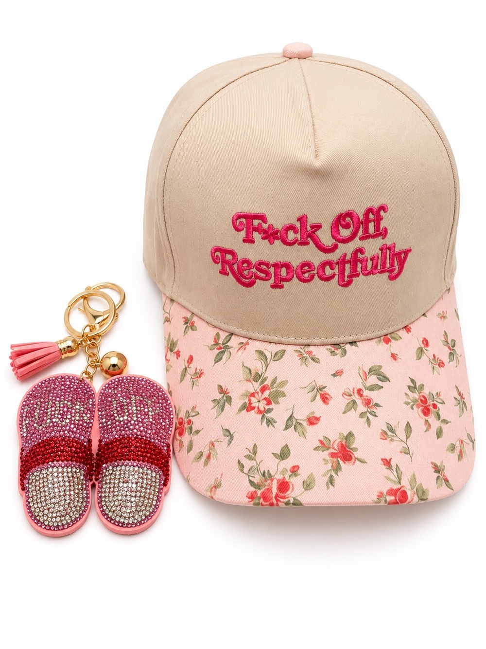 F*ck Off Respectfully Floral Baseball Cap & Rhinestone Keychain Gift Set NWOT